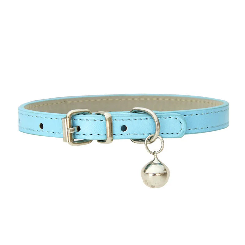 Solid Color Adjustable Faux Leather Cat Collar with Bell