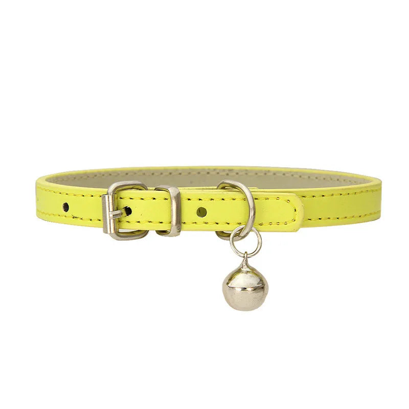 Solid Color Adjustable Faux Leather Cat Collar with Bell