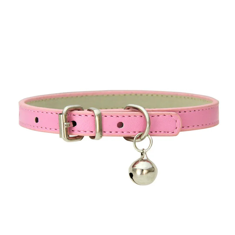Solid Color Adjustable Faux Leather Cat Collar with Bell