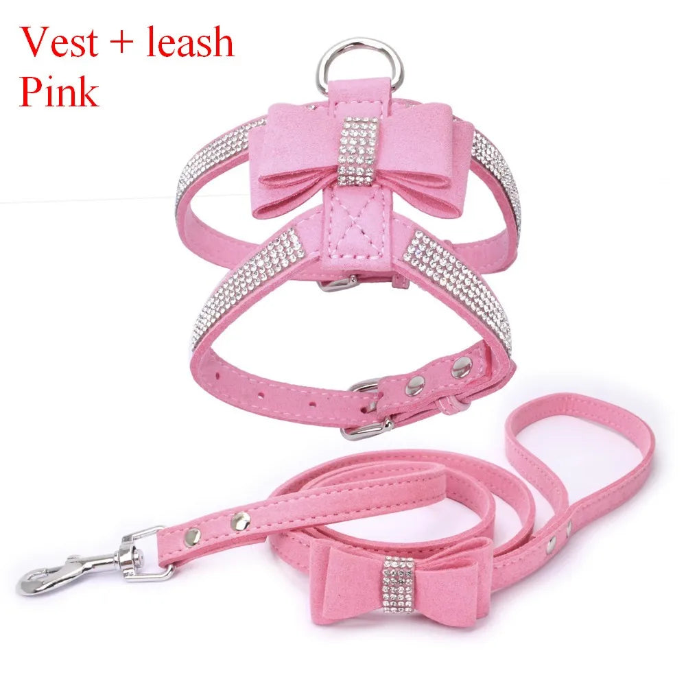 Pet Harness & Leash Rhinestone Bling, Adjustable Suede Bow Leather