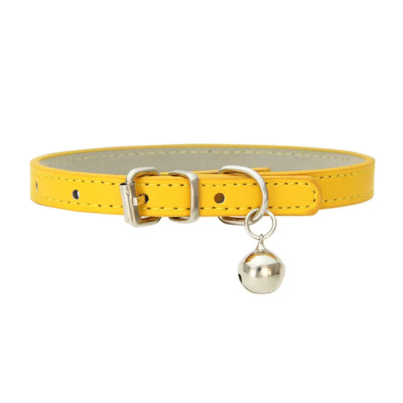 Solid Color Adjustable Faux Leather Cat Collar with Bell
