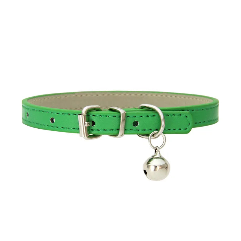Solid Color Adjustable Faux Leather Cat Collar with Bell