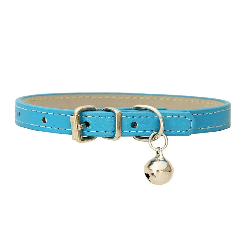 Solid Color Adjustable Faux Leather Cat Collar with Bell