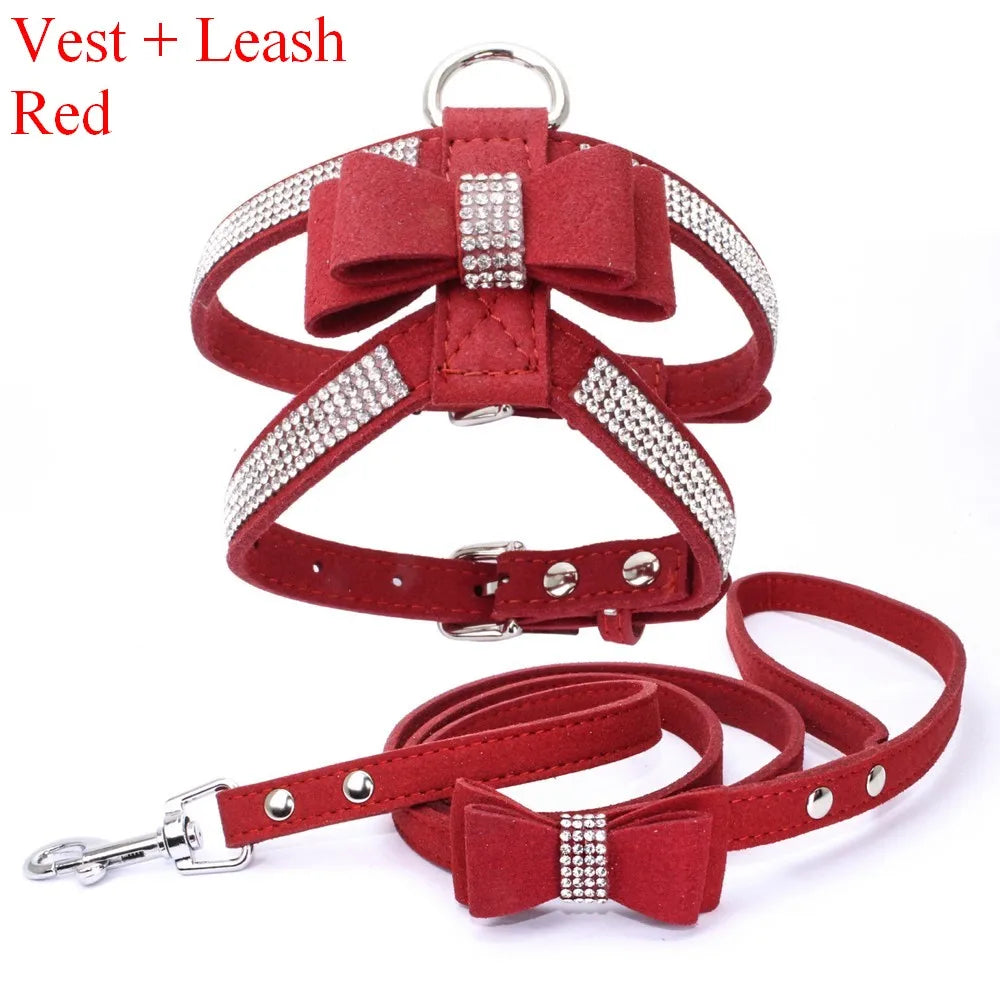 Pet Harness & Leash Rhinestone Bling, Adjustable Suede Bow Leather