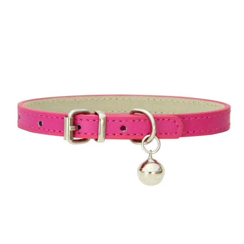 Solid Color Adjustable Faux Leather Cat Collar with Bell