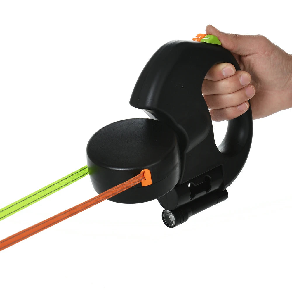 Reflective, Tangle-Free Nylon Double Retractable Dog Leash with LED Lights