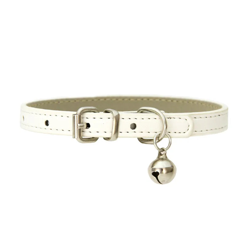Solid Color Adjustable Faux Leather Cat Collar with Bell