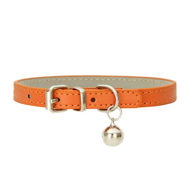 Solid Color Adjustable Faux Leather Cat Collar with Bell