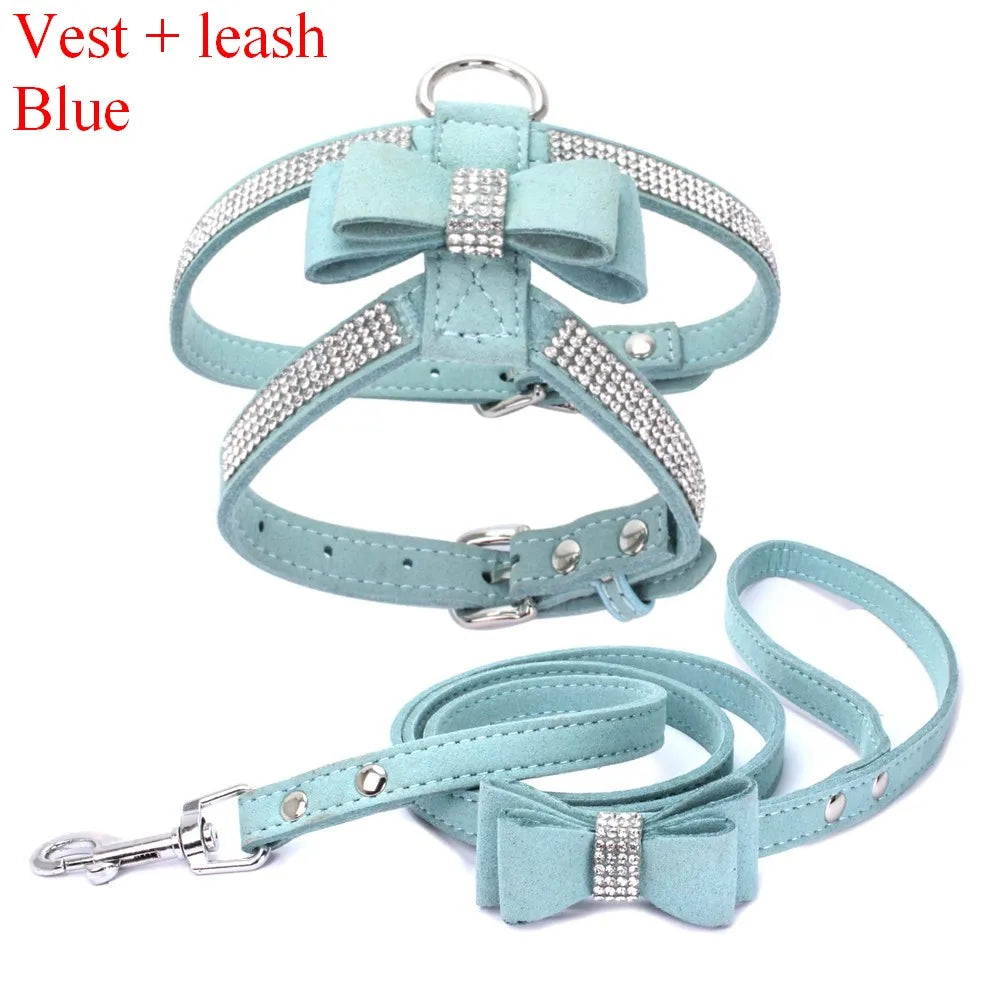 Pet Harness & Leash Rhinestone Bling, Adjustable Suede Bow Leather