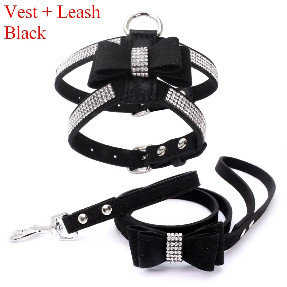Pet Harness & Leash Rhinestone Bling, Adjustable Suede Bow Leather