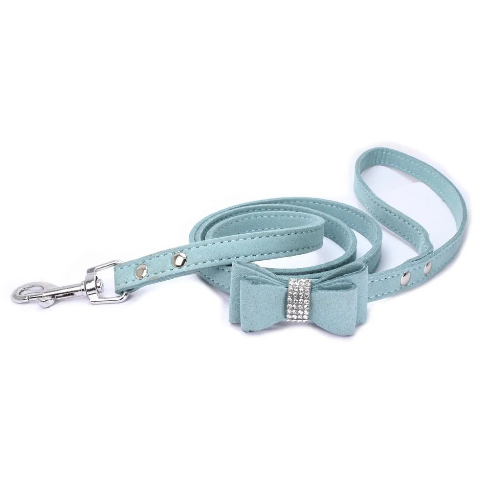 Pet Harness & Leash Rhinestone Bling, Adjustable Suede Bow Leather