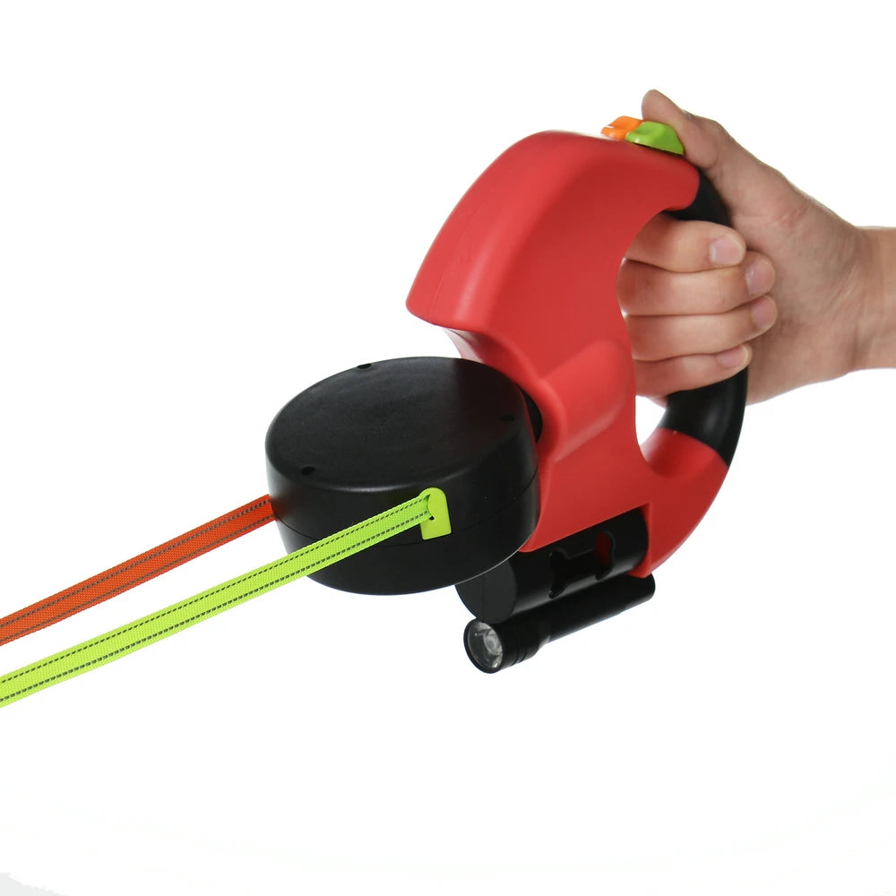 Reflective, Tangle-Free Nylon Double Retractable Dog Leash with LED Lights