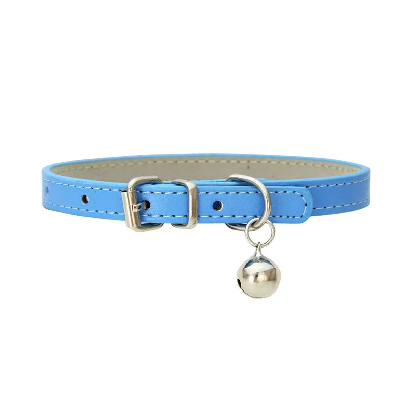 Solid Color Adjustable Faux Leather Cat Collar with Bell