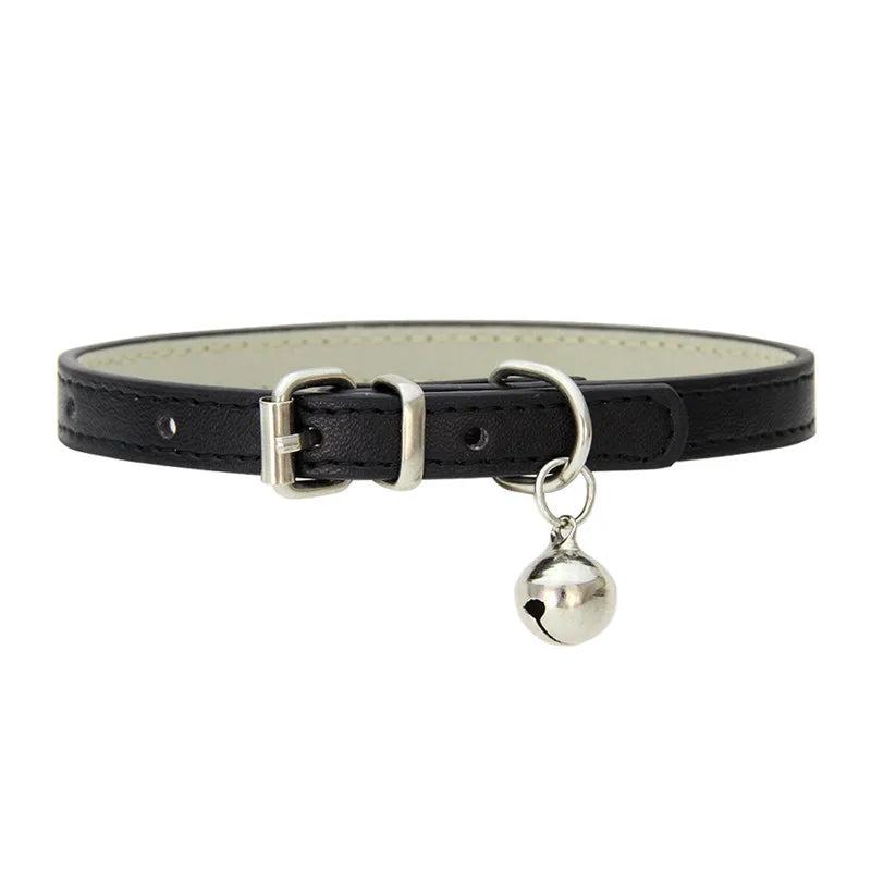 Solid Color Adjustable Faux Leather Cat Collar with Bell