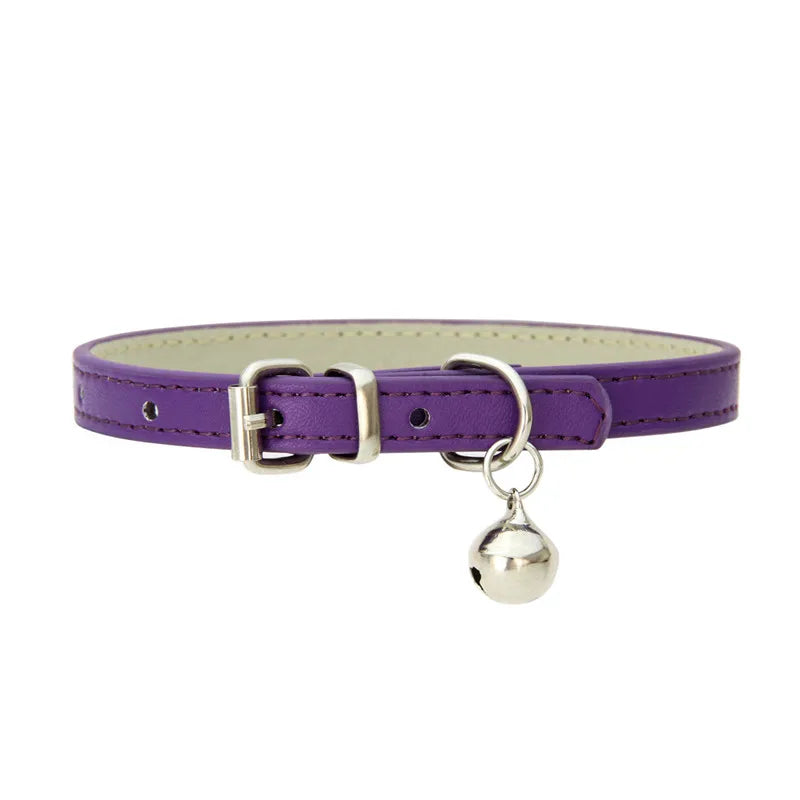 Solid Color Adjustable Faux Leather Cat Collar with Bell