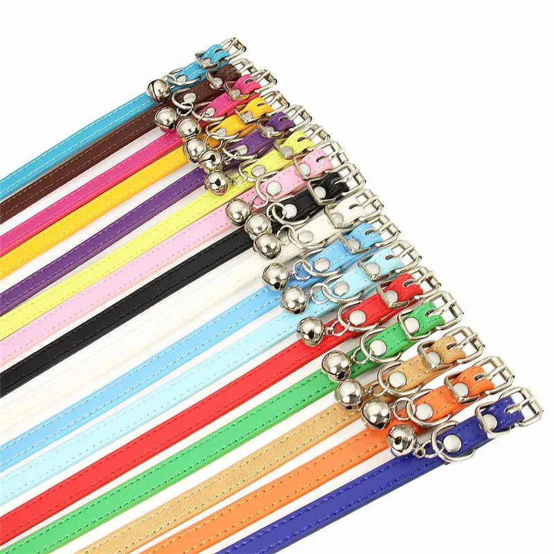 Solid Color Adjustable Faux Leather Cat Collar with Bell