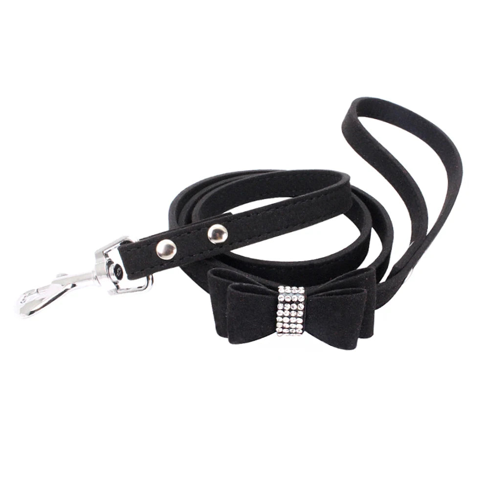 Pet Harness & Leash Rhinestone Bling, Adjustable Suede Bow Leather