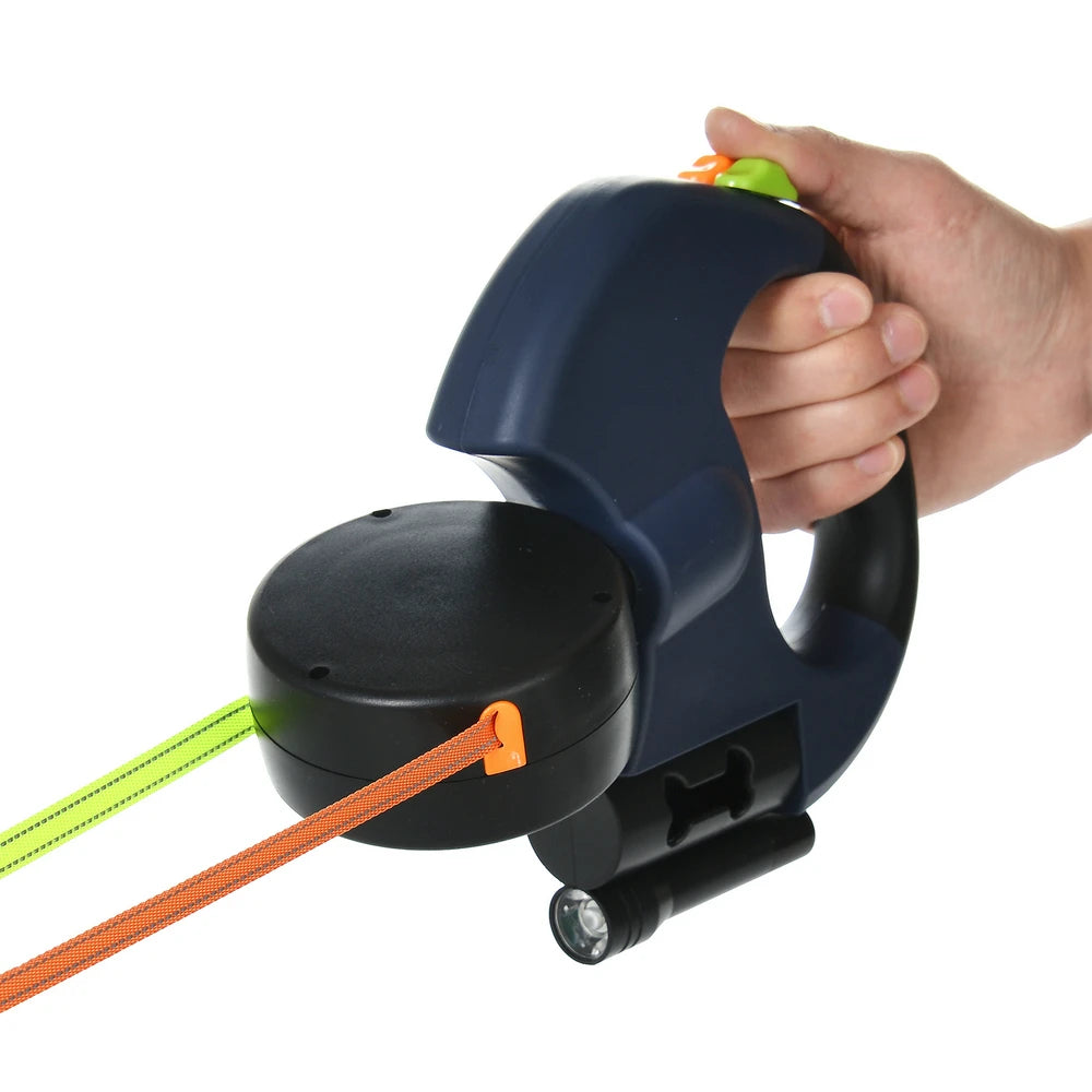 Reflective, Tangle-Free Nylon Double Retractable Dog Leash with LED Lights