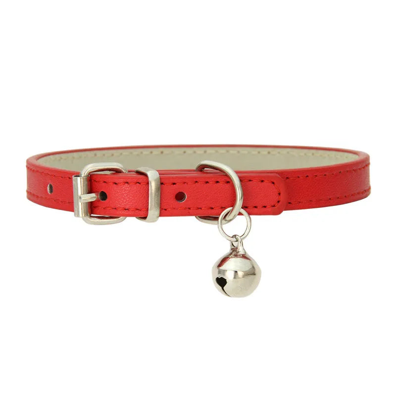 Solid Color Adjustable Faux Leather Cat Collar with Bell