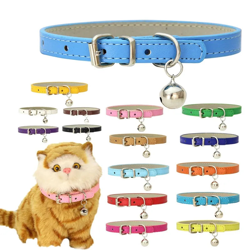 Solid Color Adjustable Faux Leather Cat Collar with Bell