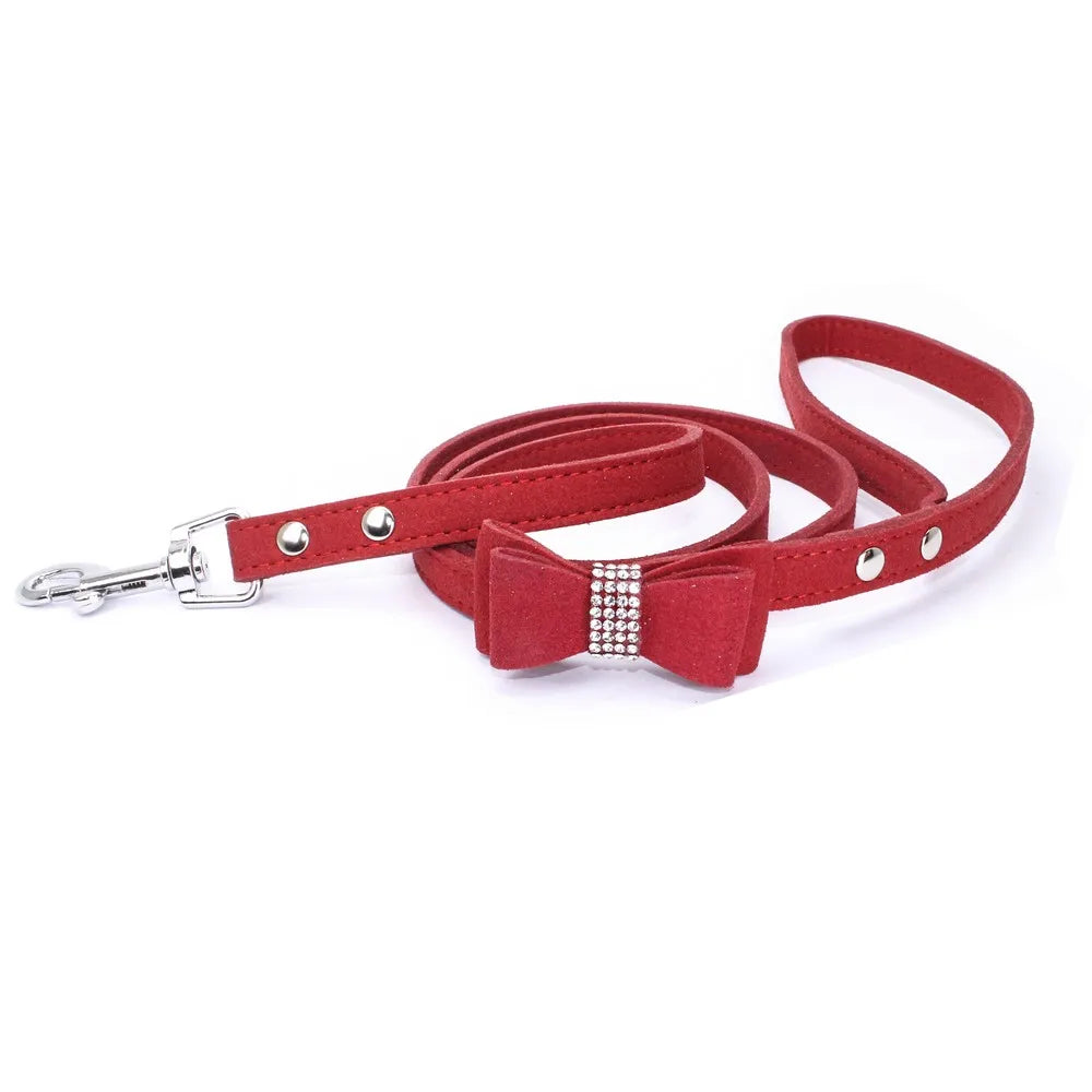 Pet Harness & Leash Rhinestone Bling, Adjustable Suede Bow Leather