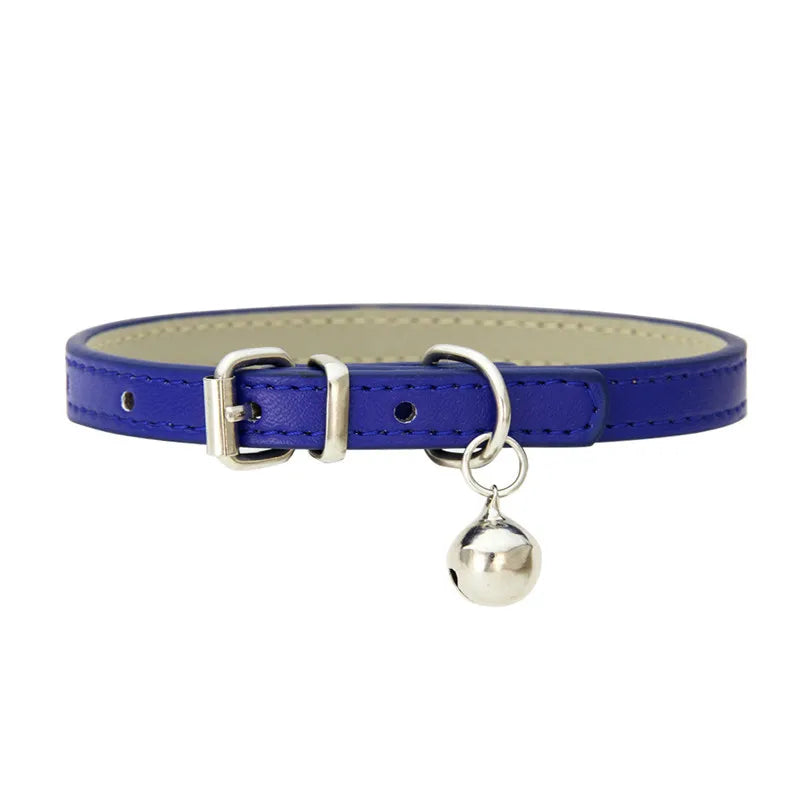 Solid Color Adjustable Faux Leather Cat Collar with Bell