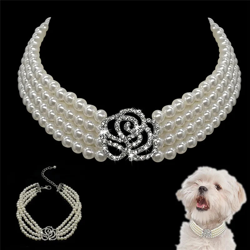 Fashion Rose Pearl & Rhinestone Dog Collar