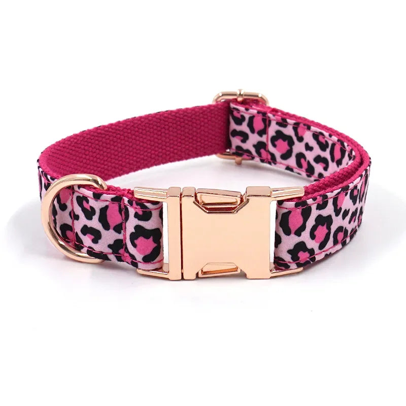Personalized Leopard Print Dog Collar with Custom Nameplate & Matching Leash