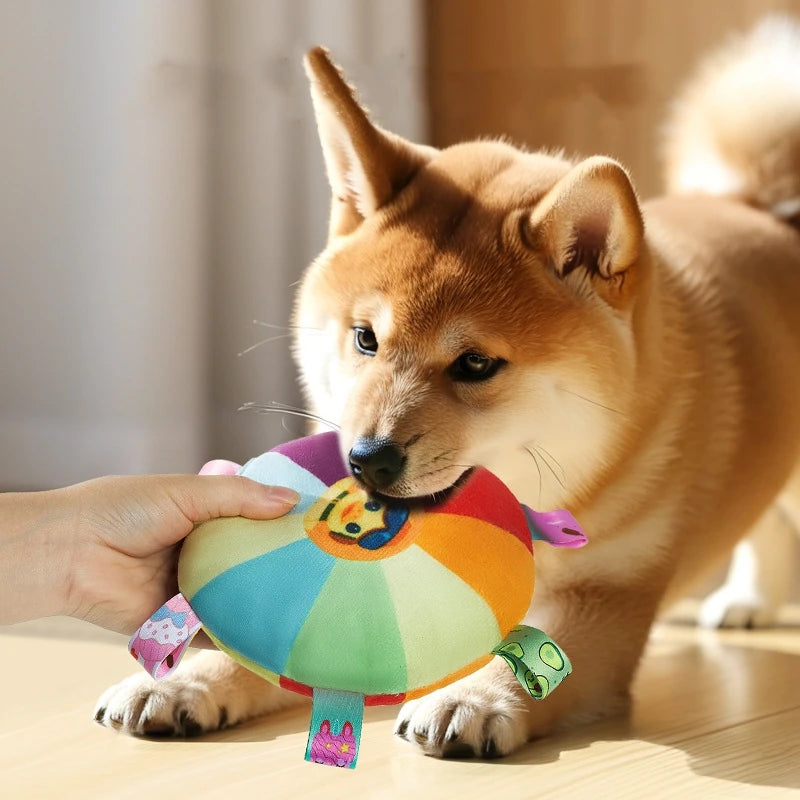 Rainbow Plush Flying Saucer Interactive Chew Toy with Bells for Dogs