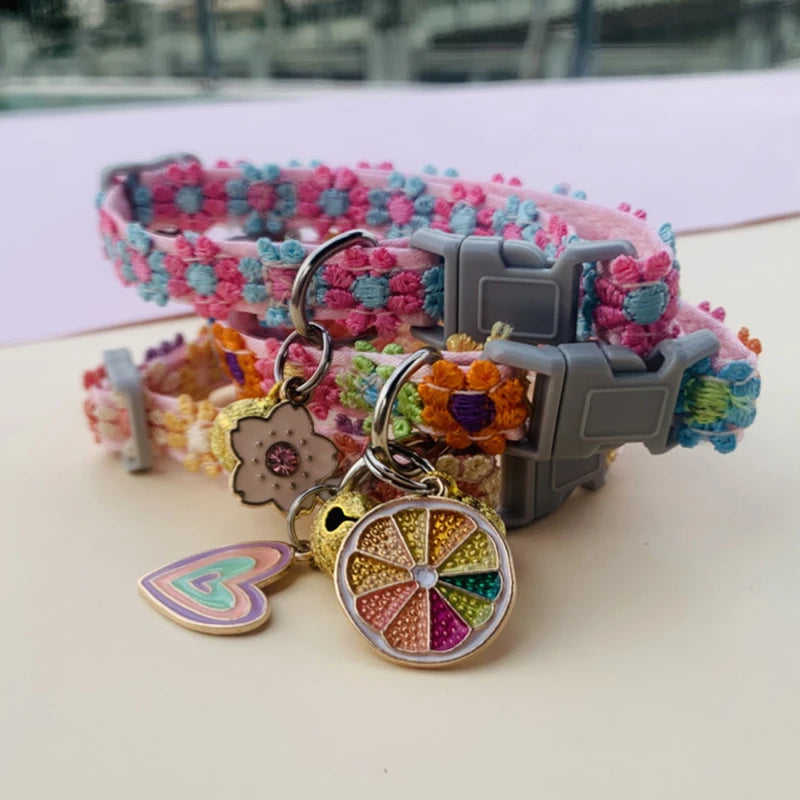 Colorful Pet Collar with Bell Adjustable Cartoon Print for Dogs & Cats