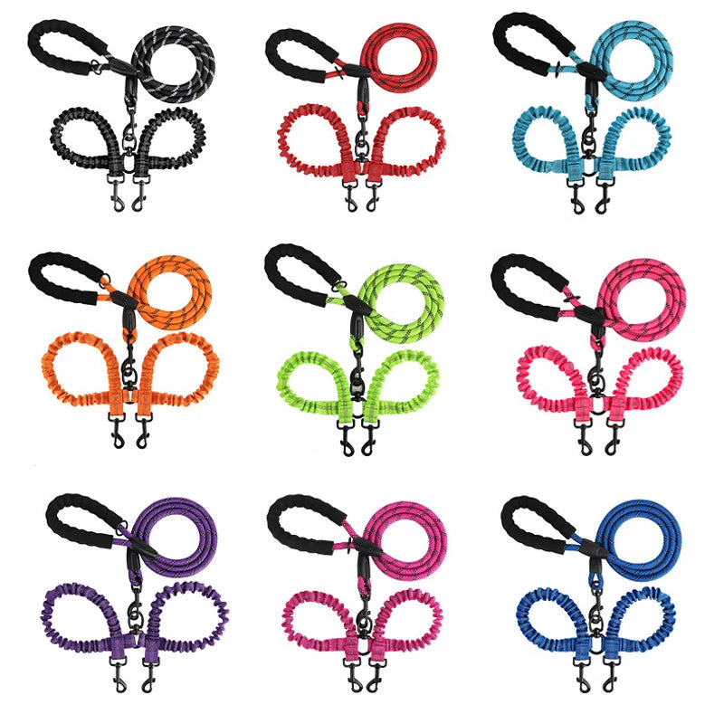 Reflective Shock-Absorbing Elastic Bungee Double Dog Leash