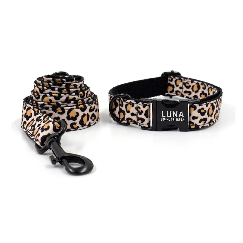 Personalized Leopard Print Dog Collar with Custom Nameplate & Matching Leash