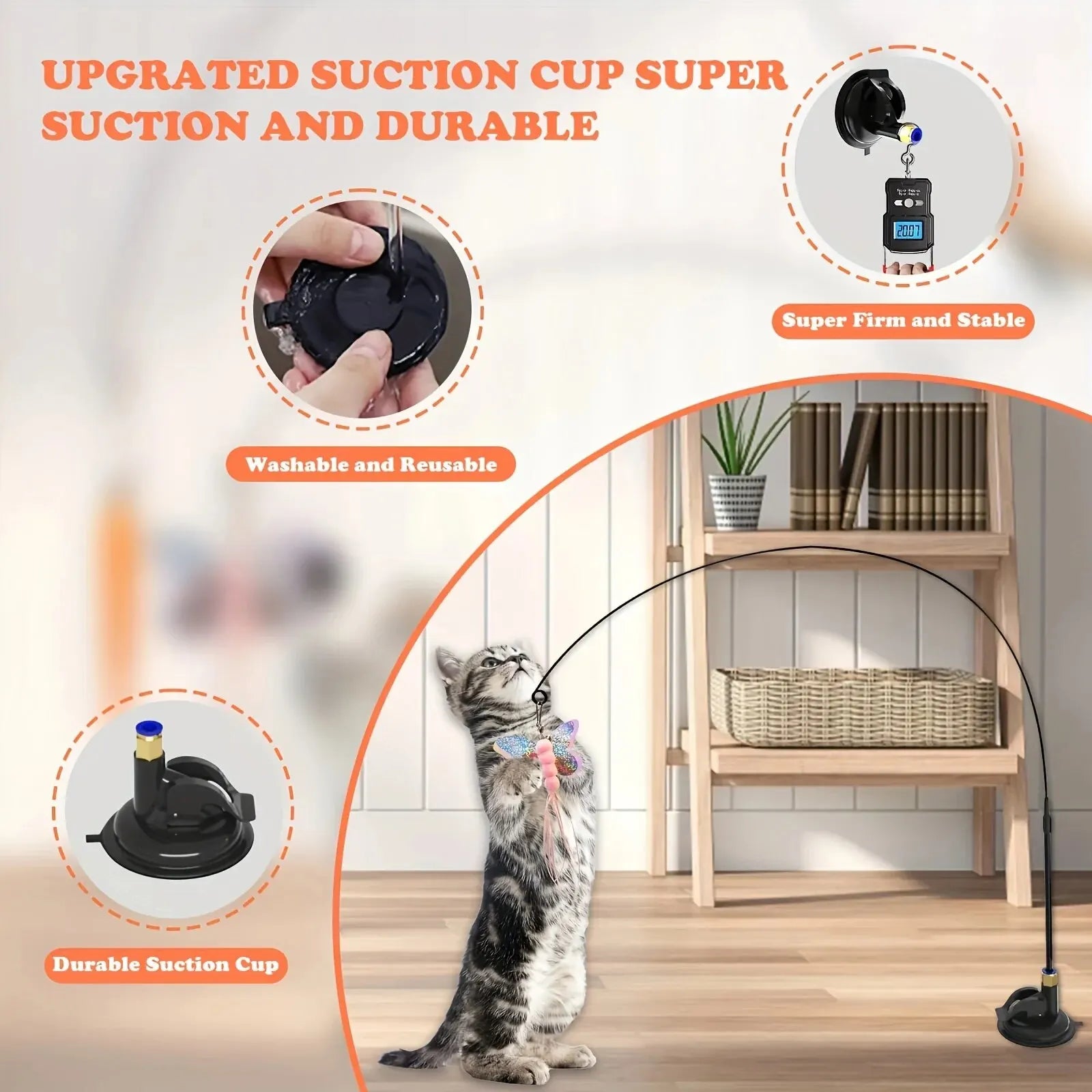 Cat Teaser Toy Interactive Feather & Bell Wand with Suction Cup Pole