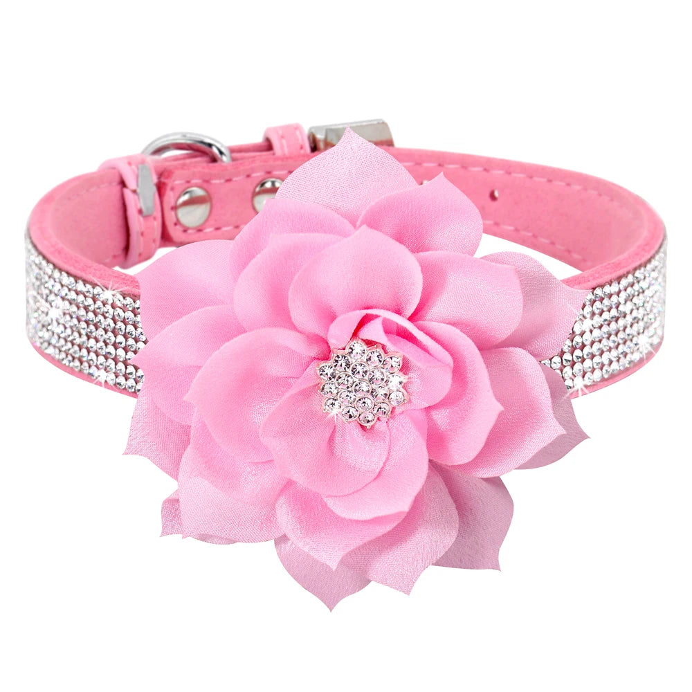 Glitter Rhinestone Leather Dog Collar with Floral Design & 120cm Leash