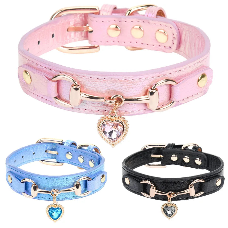 Adjustable Faux Leather Shiny Rhinestone Love Dog Collar