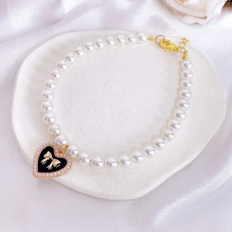 Cute Cat & Puppy Necklace for Weddings and Special Occasions Pearl Bow Pet Collar