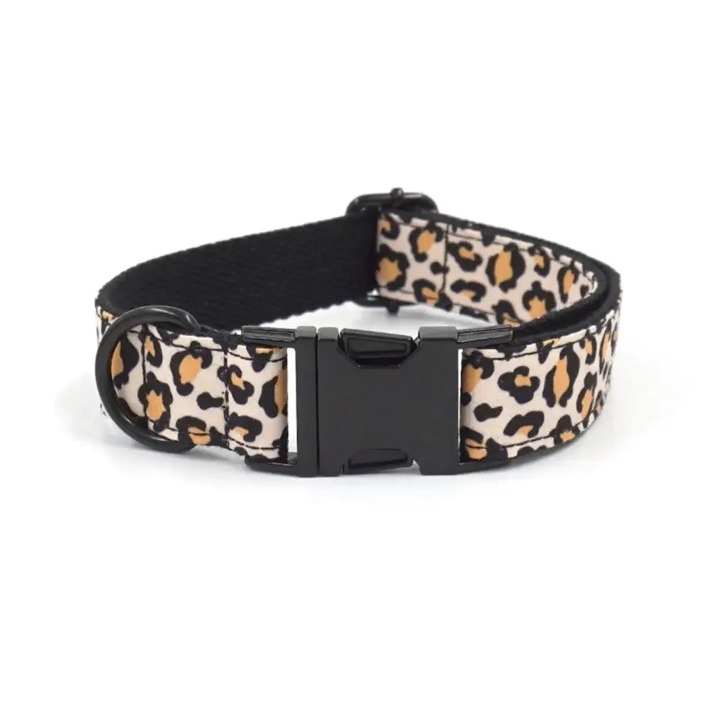 Personalized Leopard Print Dog Collar with Custom Nameplate & Matching Leash