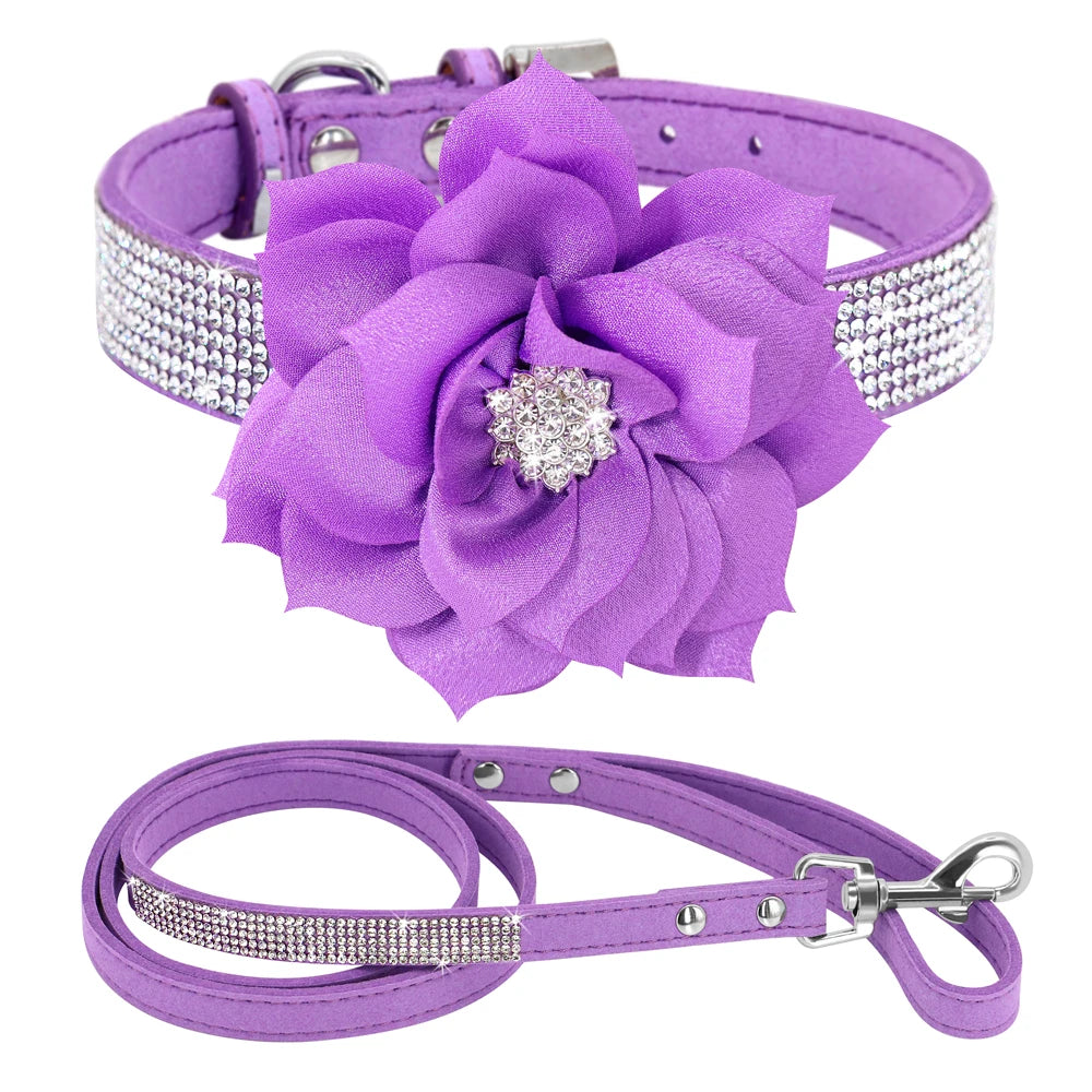Glitter Rhinestone Leather Dog Collar with Floral Design & 120cm Leash