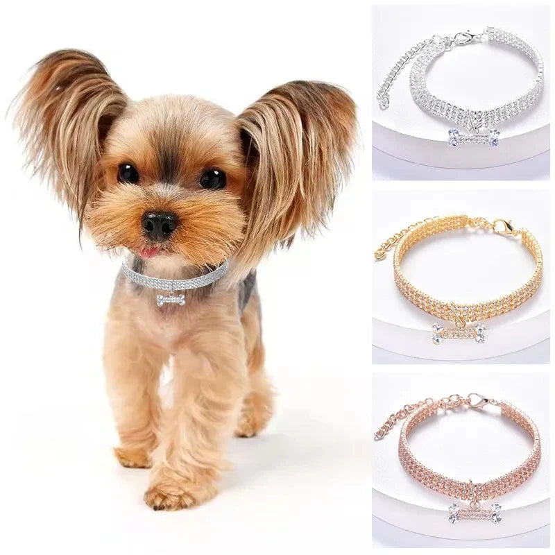 Rhinestone Necklace with Bone Adjustable Crystal Pet Collar