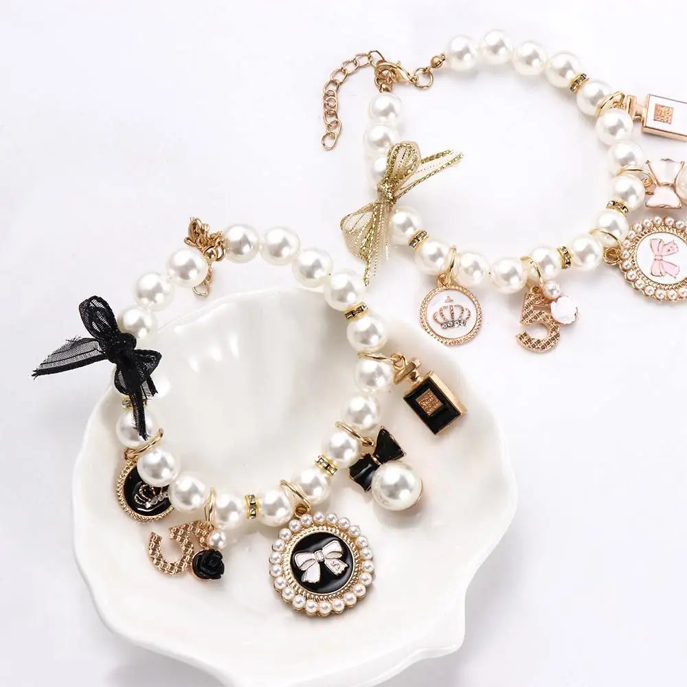 Rhinestone Bow Collar for Cats and Small Dogs Princess Pearl Pet Necklace
