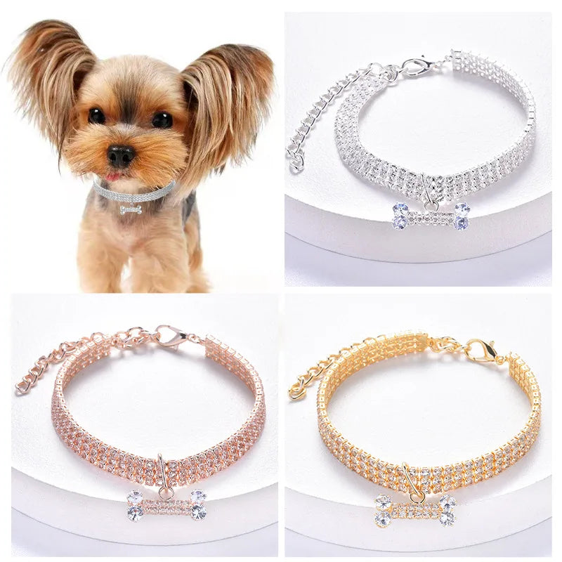 Rhinestone Necklace with Bone Adjustable Crystal Pet Collar