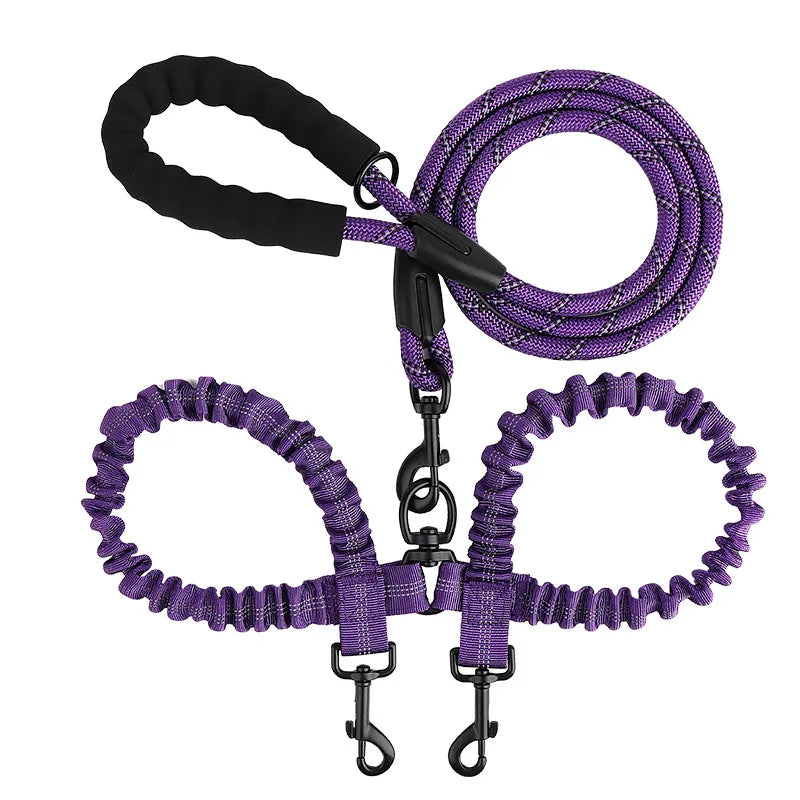 Reflective Shock-Absorbing Elastic Bungee Double Dog Leash
