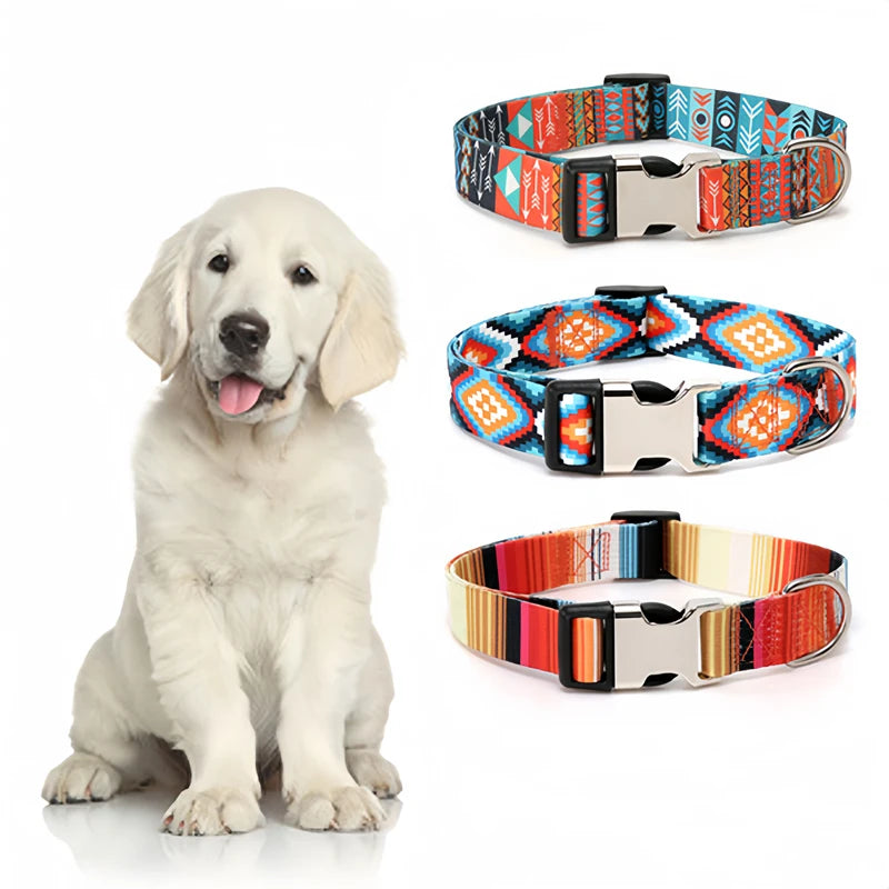 Forest Pattern & National Style Stripes Adjustable Nylon Dog Collar