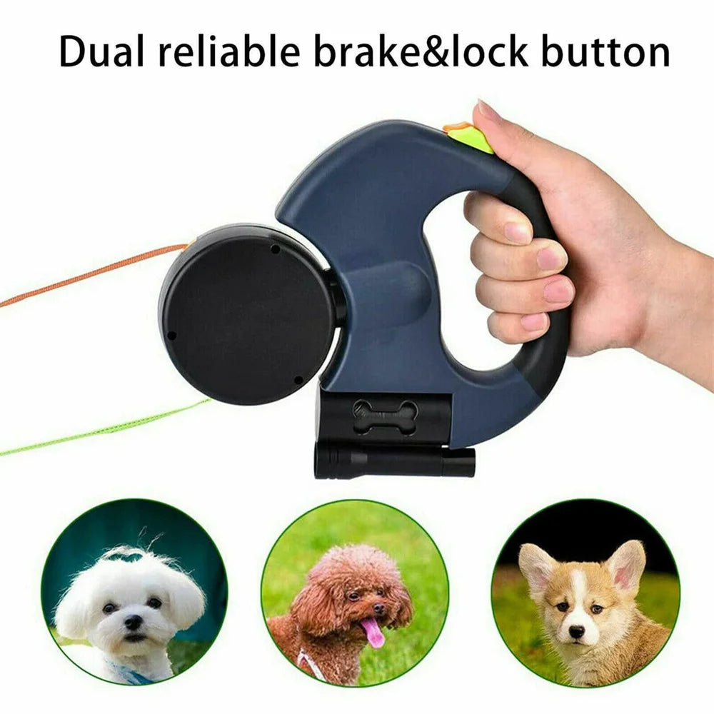 Reflective, Tangle-Free Nylon Double Retractable Dog Leash with LED Lights