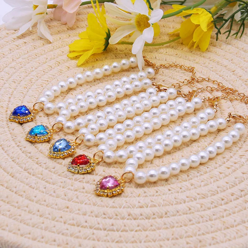 Adjustable Necklace with Gem Pendant Princess Pearl Pet Collar
