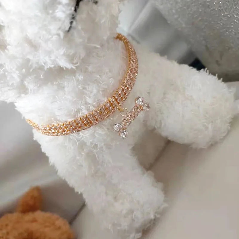 Rhinestone Necklace with Bone Adjustable Crystal Pet Collar