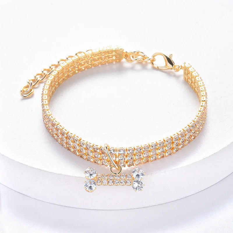 Rhinestone Necklace with Bone Adjustable Crystal Pet Collar
