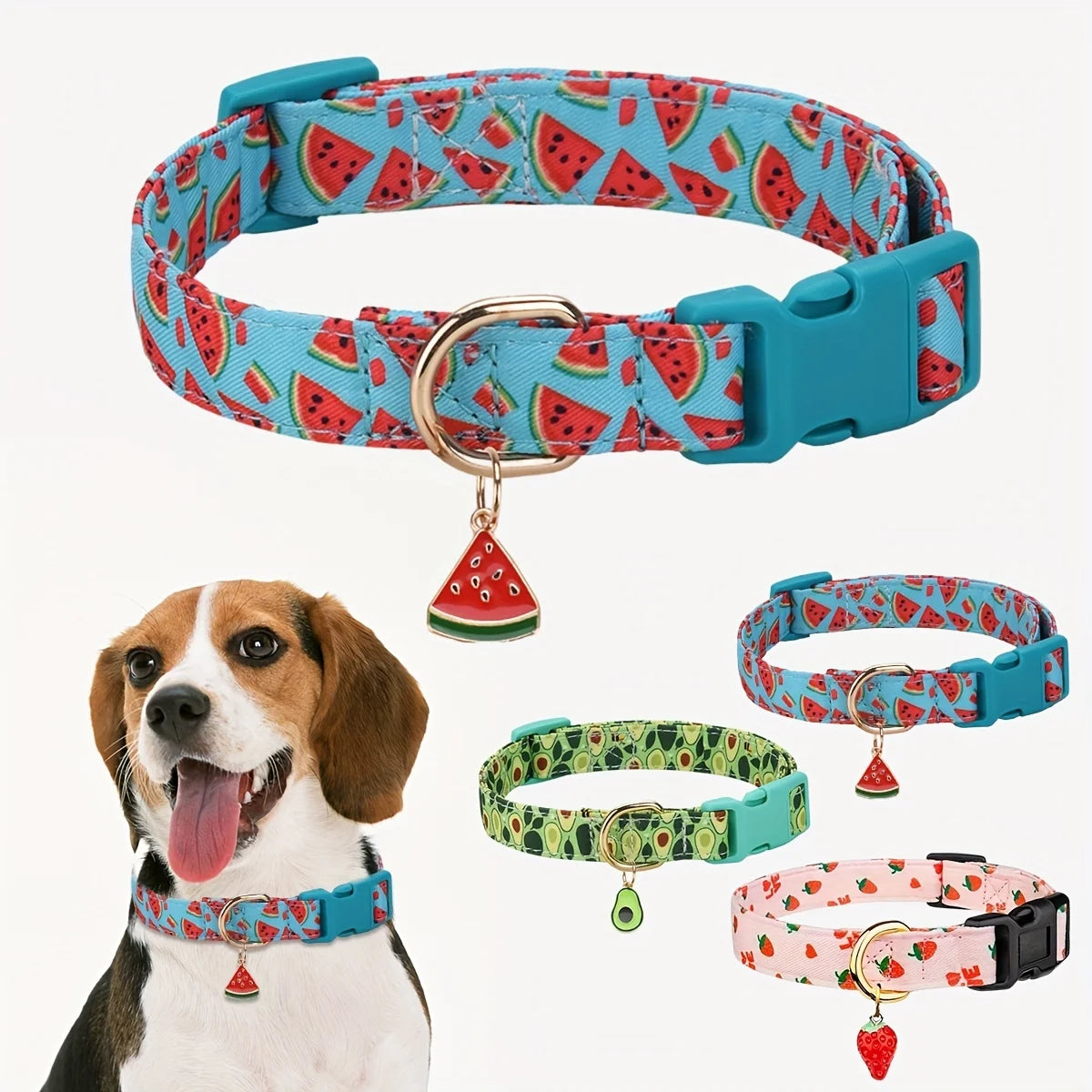 Adjustable Buckle Fruit Print Polyester Dog Collar Set