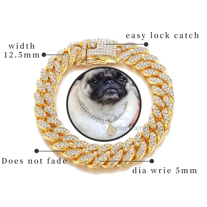Strong Metal Bling Choke Slip Rhinestone Gold Dog Chain Collar