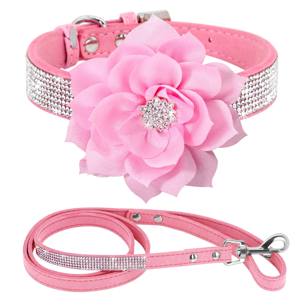 Glitter Rhinestone Leather Dog Collar with Floral Design & 120cm Leash